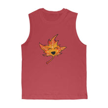 Load image into Gallery viewer, unisex muscle tank top in the colour red, featuring an illustration of a smiling maple leaf, eyes closed in joy
