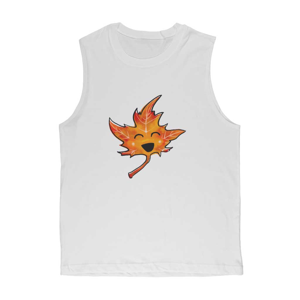 unisex muscle tank top in the colour white, featuring an illustration of a smiling maple leaf, eyes closed in joy