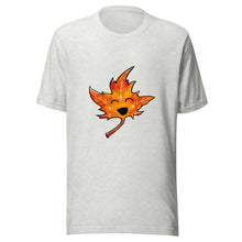 Load image into Gallery viewer, t-shirt in the colour ash (very light grey) featuring a graphic of a smiling maple leaf
