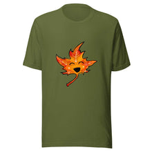 Load image into Gallery viewer, t-shirt in the colour olive green, featuring a graphic of a smiling maple leaf

