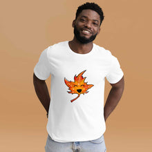 Load image into Gallery viewer, a person wears a t-shirt in the colour white, featuring a graphic of a smiling maple leaf
