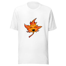 Load image into Gallery viewer, a t-shirt in the colour white, featuring a graphic of a smiling maple leaf
