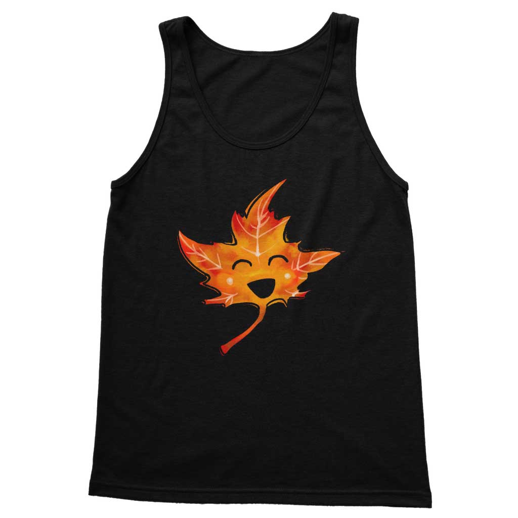 tank top in the colour black, featuring a graphic of a smiling maple leaf, eyes closed