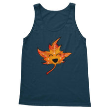 Load image into Gallery viewer, tank top in the colour navy blue, featuring a graphic of a smiling maple leaf, eyes closed
