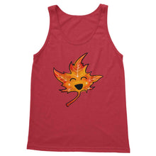 Load image into Gallery viewer, tank top in the colour red, featuring a graphic of a smiling maple leaf, eyes closed
