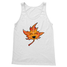 Load image into Gallery viewer, tank top in the colour white, featuring a graphic of a smiling maple leaf, eyes closed
