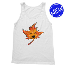 Load image into Gallery viewer, tank top in the colour white, featuring a graphic of a smiling maple leaf, eyes closed
