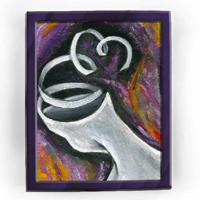 an art print, featuring a surreal illustration touching on mental health: a figure facing away, its head unravelling into a long, curling ribbon.