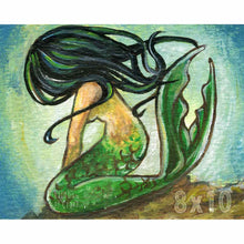 Load image into Gallery viewer, An art print of a mermaid with black hair, sitting down on the ocean floor, face obscured by her hair
