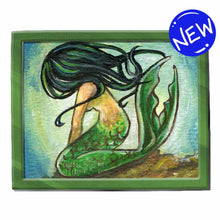 Load image into Gallery viewer, An art print of a mermaid with black hair, sitting down on the ocean floor, face obscured by her hair
