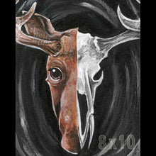 Load image into Gallery viewer, An art print split into two images: the left side, a moose&#39;s face, and the right side, a moose skull.
