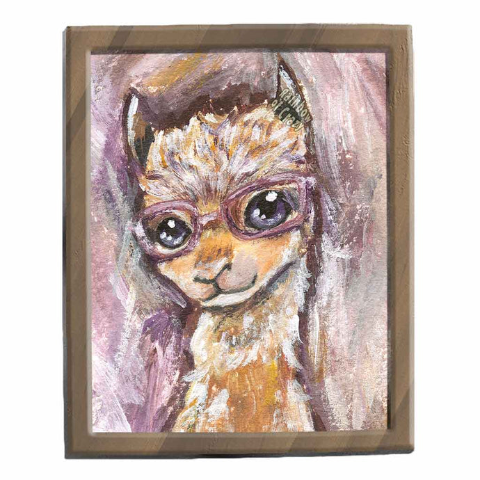 an illustration of a smiling alpaca, wearing purple glasses, available as an art print