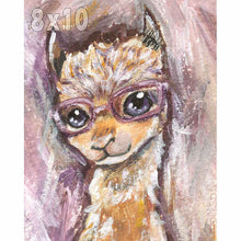 Load image into Gallery viewer, an illustration of a smiling alpaca, wearing purple glasses, available as an art print
