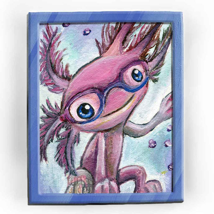 an art print featuring an illustration of a pink axolotl, smiling, wearing pink and blue eyeglasses