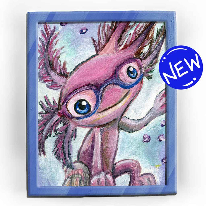 an art print featuring an illustration of a pink axolotl, smiling, wearing pink and blue eyeglasses