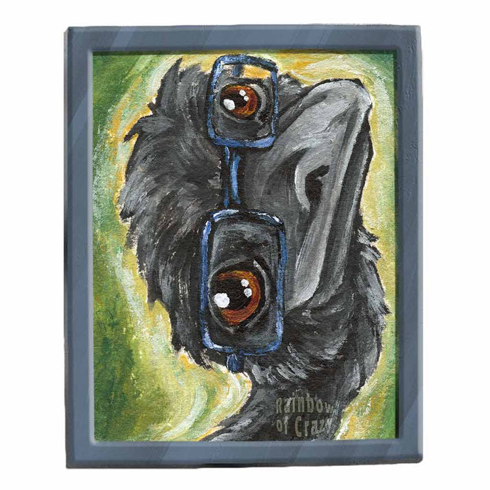 an art print featuring a painting of an emu's face wearing blue eyeglasses.
