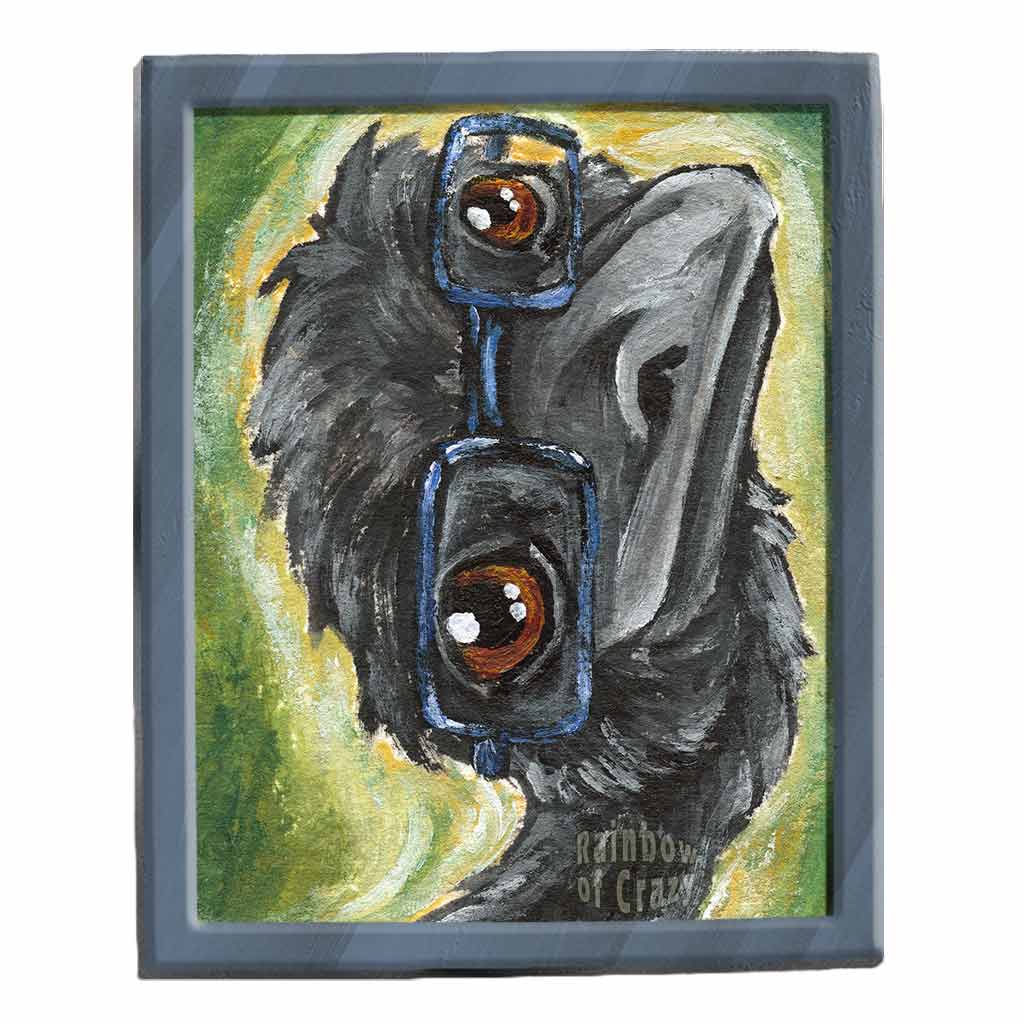 an art print featuring a painting of an emu's face wearing blue eyeglasses.
