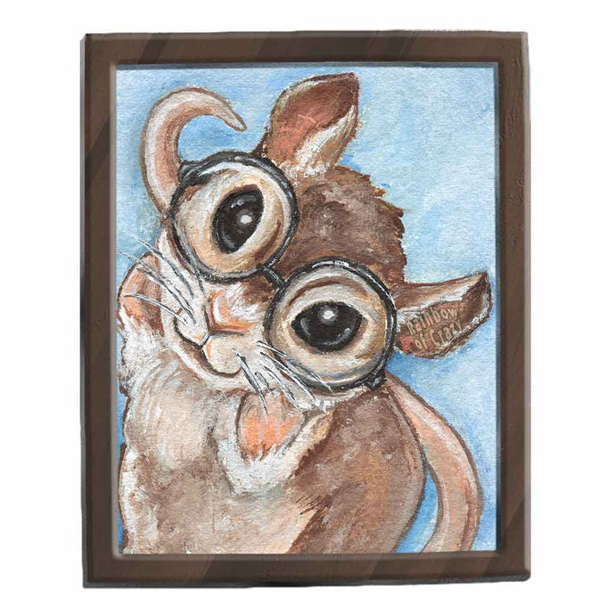 an illustration of a brown and white mouse, wearing big round eyeglasses, against a light blue background. available as an art print