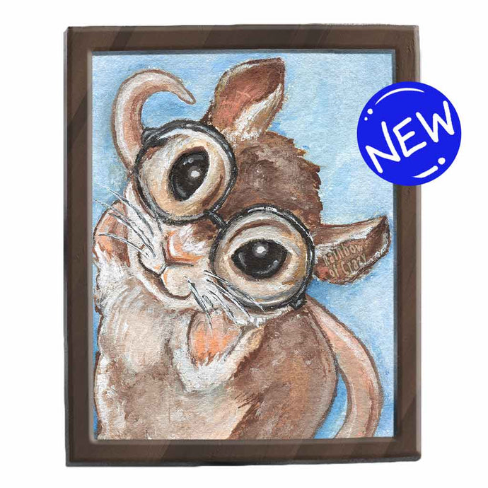 an illustration of a brown and white mouse, wearing big round eyeglasses, against a light blue background. available as an art print