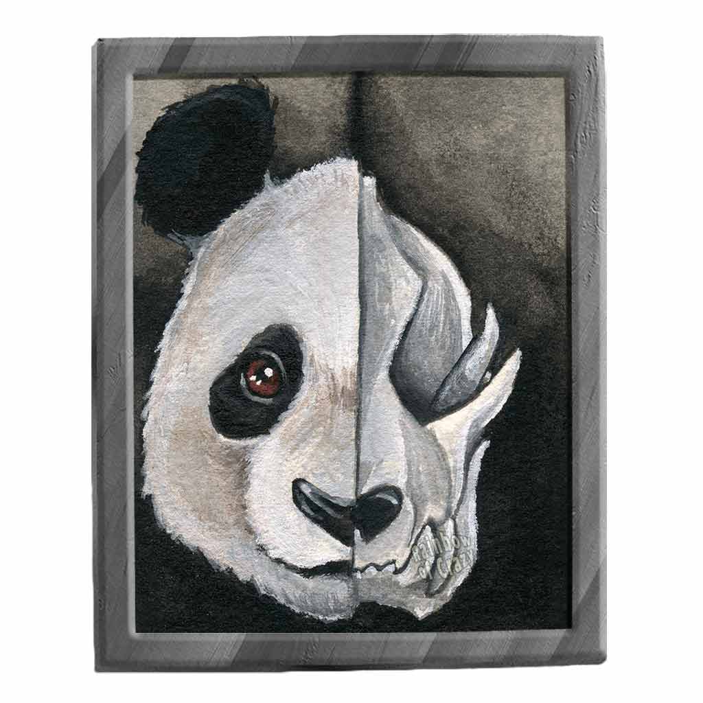 an illustration split into two sides, a pandas face on the left and a creepy panda skull on the right. available as an art print