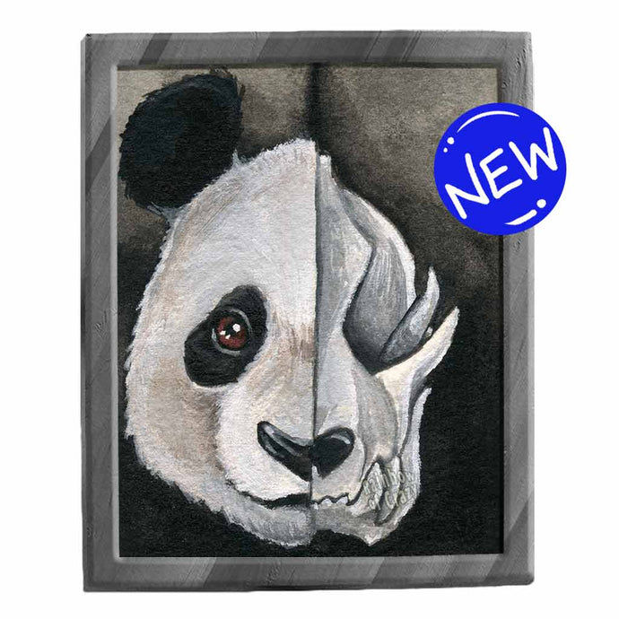 an illustration split into two sides, a pandas face on the left and a creepy panda skull on the right. available as an art print