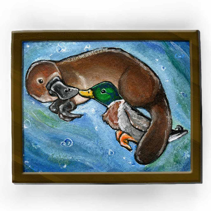 an art print featuring an illustration of a platypus and a mallard duck, swimming together, touching bills