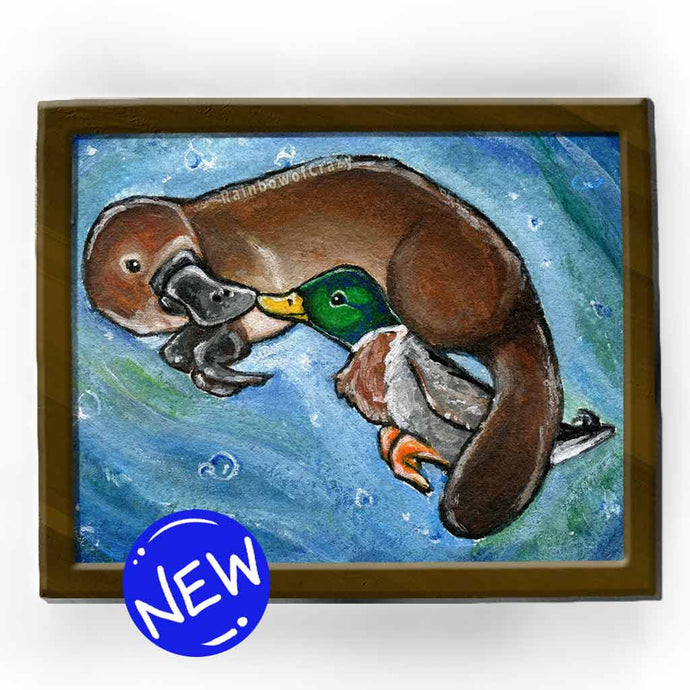 an art print featuring an illustration of a platypus and a mallard duck, swimming together, touching bills