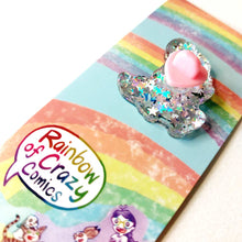 Load image into Gallery viewer, Blanket Bunny Glittery Acrylic Pin - English Spot Rabbit
