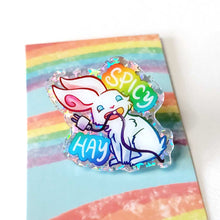 Load image into Gallery viewer, sparkly acrylic pin of a smiling white rabbit holding a charging cable in her mouth, with the words "SPICY HAY in rainbow colours.
