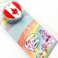 Load image into Gallery viewer, heart acrylic pin featuring the Canada flag, the maple leaf stylized with happy face. packaging features characters from Rainbow of Crazy Comics
