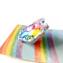 Load image into Gallery viewer, sparkly acrylic pin of a smiling cartoon tabby cat snuggling up to a large water bottle. a small heart appears next to the cat.
