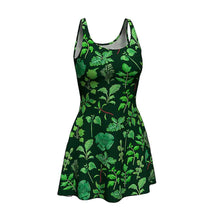 Load image into Gallery viewer, the Plant Lovers Green Dress, a skater style dress featuring an all over print, illustrated with a variety of plants from the garden
