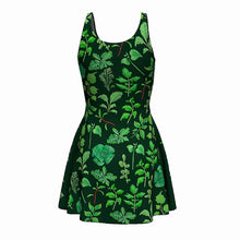 Load image into Gallery viewer, the Plant Lovers Green Dress, a skater style dress featuring an all over print, illustrated with a variety of plants from the garden
