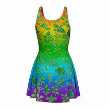 Load image into Gallery viewer, the Plant Lovers Rainbow Dress, a skater style dress in a rainbow gradiant, llustrated with a variety of plants from the garden
