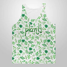 Load image into Gallery viewer, the plant lovers unisex tank top, printed with an illustration of different types of plants, with the word, &quot;plants&quot; in the center
