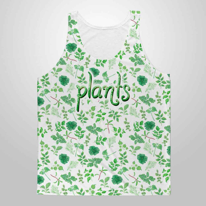 the plant lovers unisex tank top, printed with an illustration of different types of plants, with the word, 