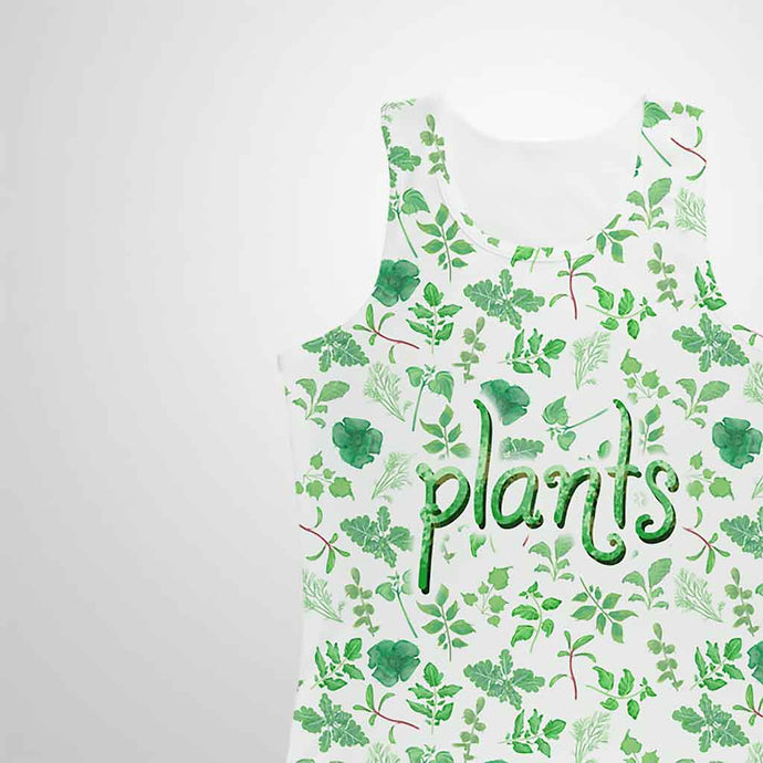the plant lovers women performance tank top in the colour white, featuring an all over print of 11 different illustrated plants