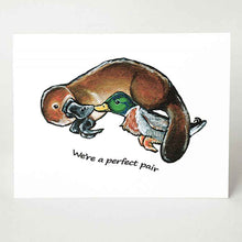 Load image into Gallery viewer, a greeting card printed with art of a platypus cuddling with a mallard duck. the card reads, &#39;we&#39;re a perfect pair&#39;
