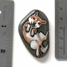 Load image into Gallery viewer, small beach stone, hand painted with a portrait of a shiba inu dog, lying on its back, belly up, tongue blopping out. available as a keepsake rock art or pendant necklace
