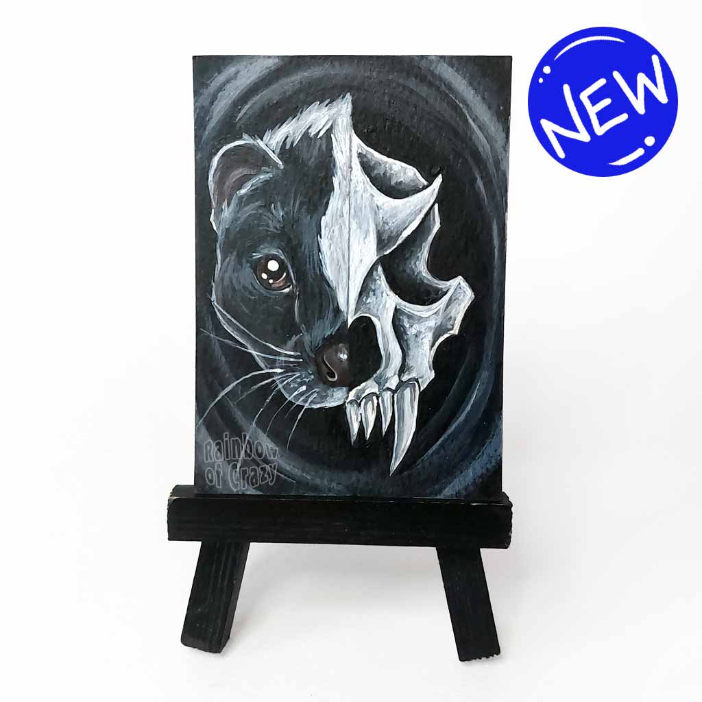 ACEO painting split into two halves: one side featuring a skunk skull, and the other a skunk's face