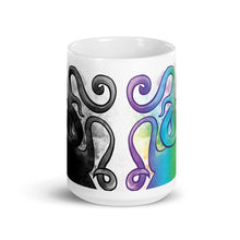 Load image into Gallery viewer, the Slender Man Love mug, 15 oz, showing the middle of the mug, showing the Slender Man graphic in black and white on the left side, and in rainbow colours on the right side.

