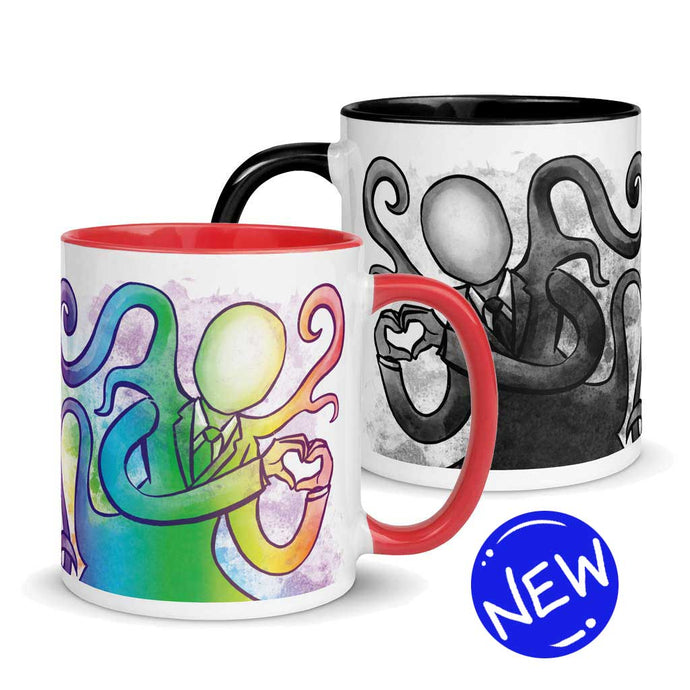 The 11 oz Slender Man Love Mug with Colour: white ceramic mug with an illustration of Slender Man forming a heart with his hands, in all the colours of the rainbow, with a red handle and red interior. behind that a second mug, showing it from the other side, featuring the same illustration, mirrored, in black and white. mug has a black interior and black trim.