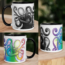 Load image into Gallery viewer, The 11 oz Slender Man Love Mug with Colour: white ceramic mug has a black interior and handle, with an illustration of Slender Man forming a heart with his hands, in all the colours of the rainbow. collage shows mug from different angles. on the other side of the mug is the same illustration, mirrored, in black and white. 
