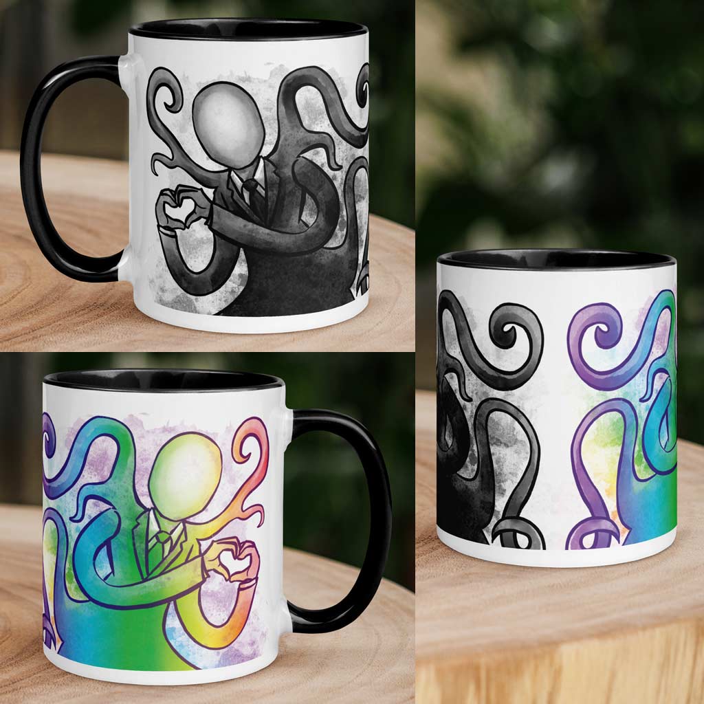 The 11 oz Slender Man Love Mug with Colour: white ceramic mug has a black interior and handle, with an illustration of Slender Man forming a heart with his hands, in all the colours of the rainbow. collage shows mug from different angles. on the other side of the mug is the same illustration, mirrored, in black and white. 