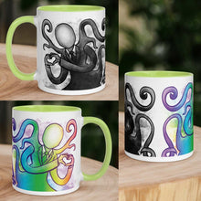 Load image into Gallery viewer, The 11 oz Slender Man Love Mug with Colour: white ceramic mug has a green interior and handle, with an illustration of Slender Man forming a heart with his hands, in all the colours of the rainbow. collage shows mug from different angles. on the other side of the mug is the same illustration, mirrored, in black and white. 
