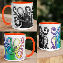 Load image into Gallery viewer, The 11 oz Slender Man Love Mug with Colour: white ceramic mug has an orange interior and handle, with an illustration of Slender Man forming a heart with his hands, in all the colours of the rainbow. collage shows mug from different angles. on the other side of the mug is the same illustration, mirrored, in black and white. 
