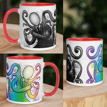 Load image into Gallery viewer, The 11 oz Slender Man Love Mug with Colour: white ceramic mug has a red interior and handle, with an illustration of Slender Man forming a heart with his hands, in all the colours of the rainbow. collage shows mug from different angles. on the other side of the mug is the same illustration, mirrored, in black and white. 
