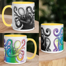 Load image into Gallery viewer, The 11 oz Slender Man Love Mug with Colour: white ceramic mug has a yellow interior and handle, with an illustration of Slender Man forming a heart with his hands, in all the colours of the rainbow. collage shows mug from different angles. on the other side of the mug is the same illustration, mirrored, in black and white. 
