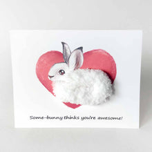 Load image into Gallery viewer, a greeting card with illustration of a snowshoe on front of a giant heart, its body made with fluffy white yarn. the card reads, &quot;Some-bunny thinks you&#39;re special!&quot;
