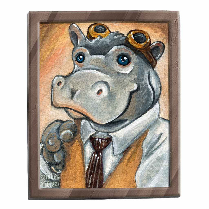 an illustration of a anthropomorphic hippopotamus with blue eyes, wearing a white dress shirt, tan vest, brown striped tie, and steampunk goggles. available as an art print